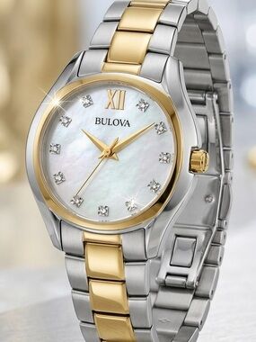 Bulova Diamond Mother of Pearl Dial Two Tone Gold Silver Women's Watch 98P145